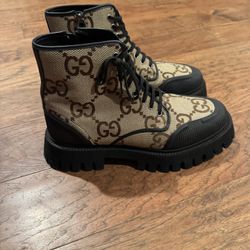 GUCCI BOOTS MAXI GG LACE-UP ZIP UP ANKLE BOOTS CAMEL EBONY CANVAS  UK 11.5 US 10