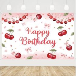Cherry Coquette Theme Birthday Backdrop for Girls Pink Bow