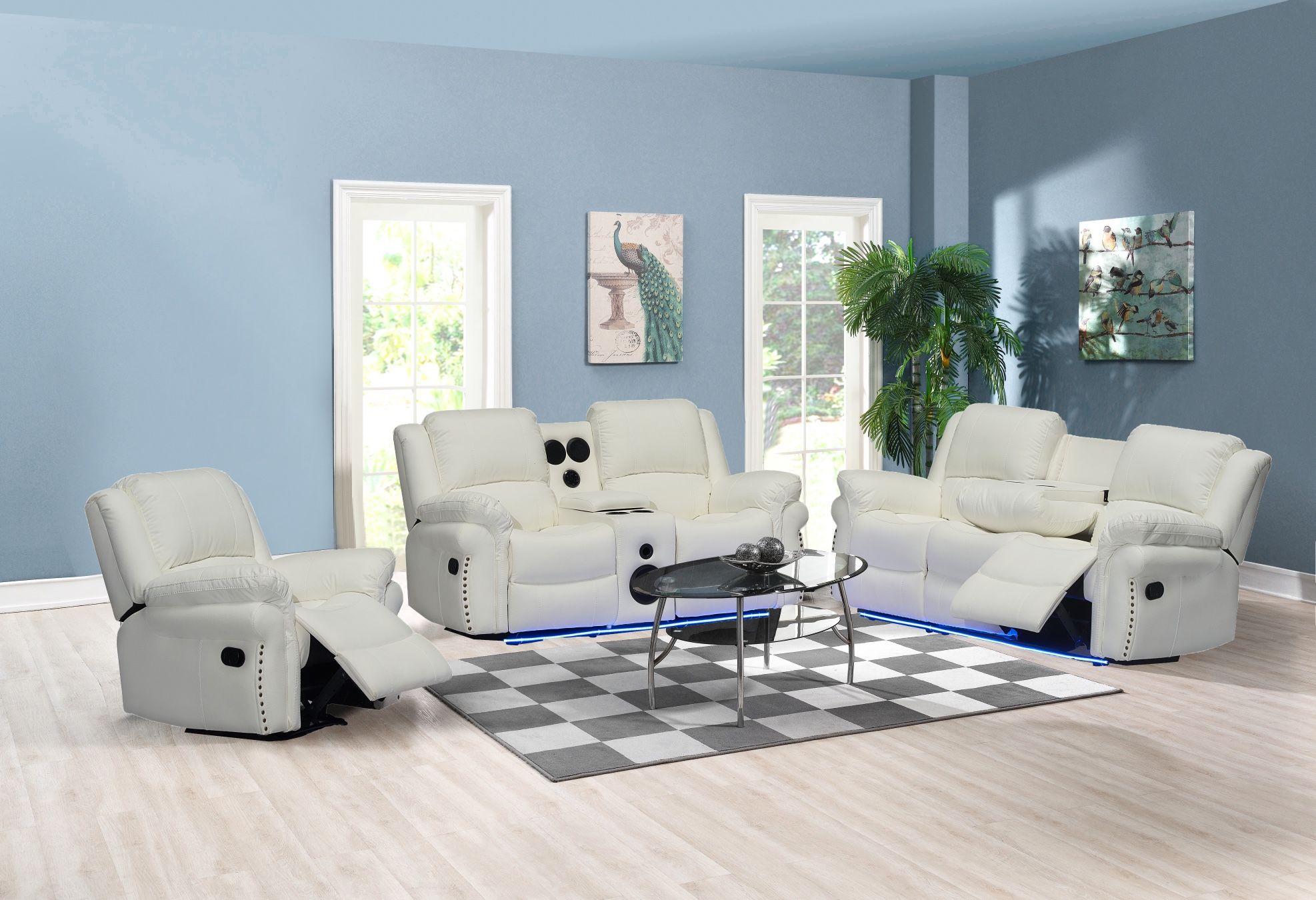 New LED Sofa And Loveseat Recliner With Cup Holders And Bluetooth Speakers K Furniture and More 