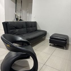 Juego de Sala Moderno en Cuero Negro – 3 Piezas