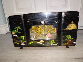 Vintage Black Lacquer Japanese Musical Jewelry Box 