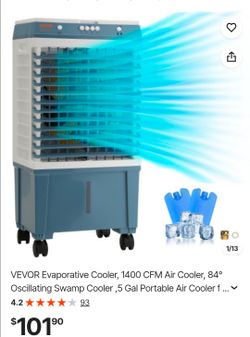 VEVOR Evaporative Cooler, 1400 CFM Air Cooler, 84° Oscillating Swamp Cooler ,5 Gal Portable Air Cooler for 550 Sq.ft with 3 Speeds Adjustable Control,