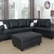 New Black Faux Leather Sectional Special With Storage Ottoman And Pillows 