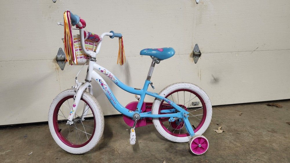 Girl's bicycle 16 inch wheels. Bell on The handle bar. Basket on the handle bar.