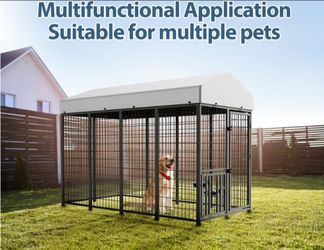 New in box! Large Heavy Duty Covered Dog kennel 8'x6'x4' reinforced irom dog cage w/ Swivel feed door & bowls corral de mascota nuevo