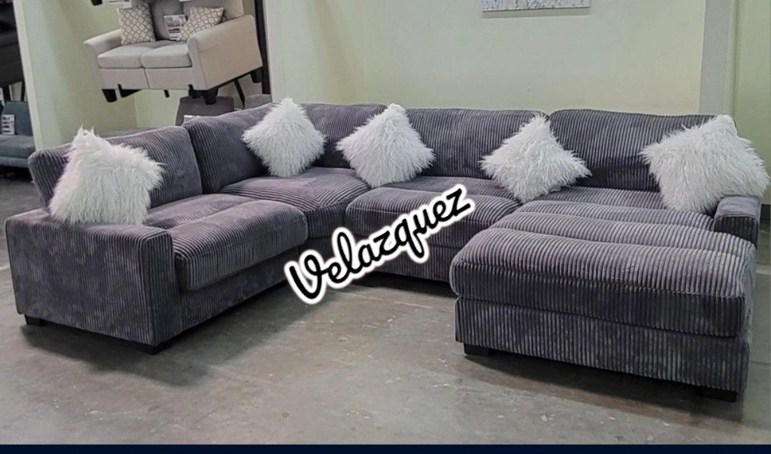 ✅️"4 pc grey wide welt cordury fabric upholstered modular sectional sofa with chaise"✅️✅️