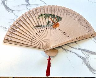 Vintage Chinese Sandalwood Folding Hand Fan Painted Tropical Landscape unused-With Box