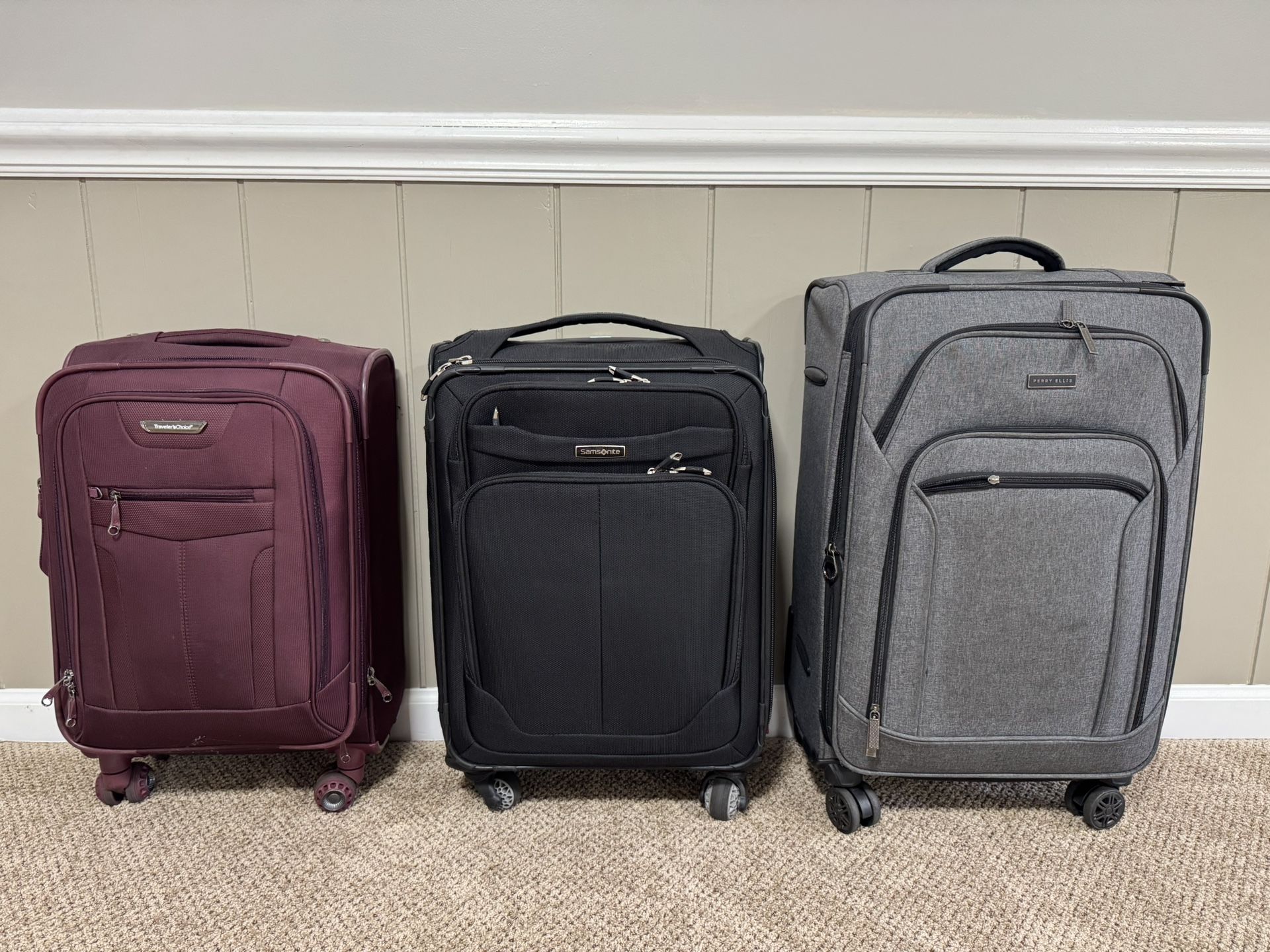 3 Gently Used Suitcases - Samsonite, Traveler’s Choice, & Perry Ellis