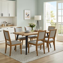 Homy Casa LANCELOT 7 Piece Walnut 63" Dining Table Set with 6 SIGET Upholsted Chairs