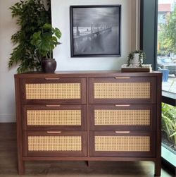 Modern Walnut Rattan Cane 6 Drawer Dresser