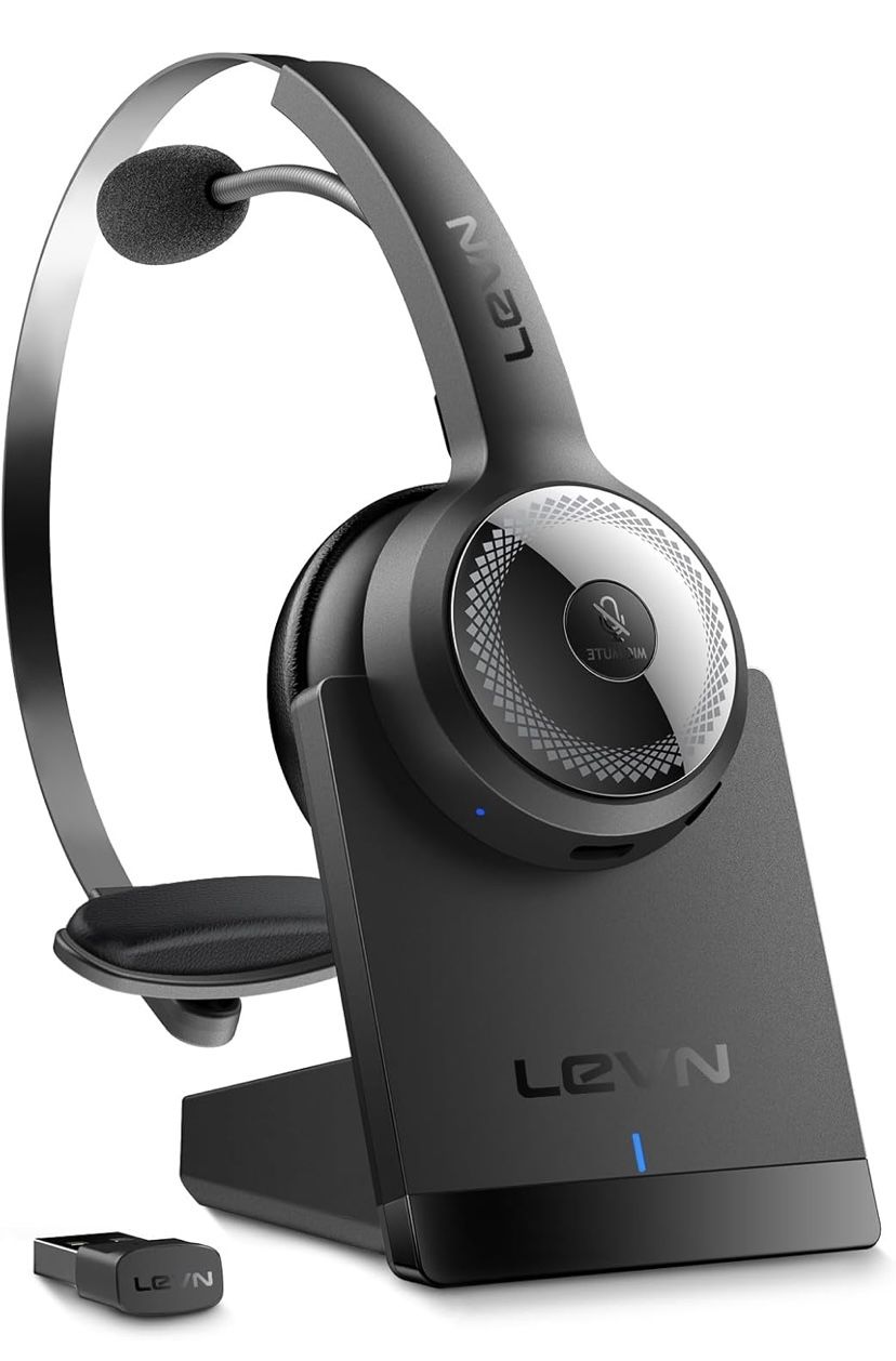 Wireless Headset with Mic for Work, Wireless Headphones with Mic (AI Noise Cancellation) & Charging Base