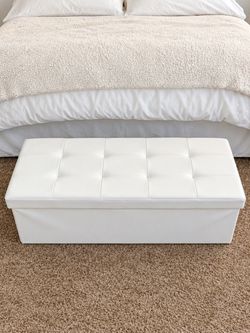 White Faux Leather Storage Ottoman Bench