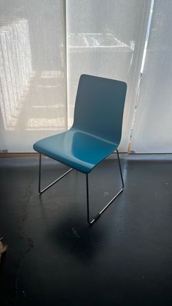 CB2 MCM style Mid Century Modern Blue Wood Chair with Chrome Legs