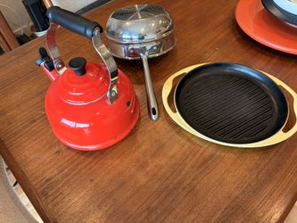 Le Creuset Whistling Tea Kettle, Castiron Griddle And All Clad Strainer/ Steamer