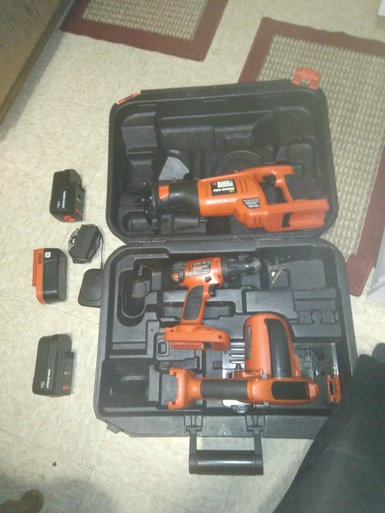 Three Piece 18v Cordless Tool Set By Black And Decker.
