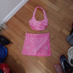 Pink Velvet Mini Skirt Halter Top Set