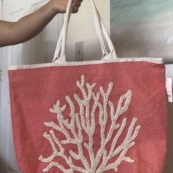 Coral Beaded Burlap Tote Bag, New With Tag
