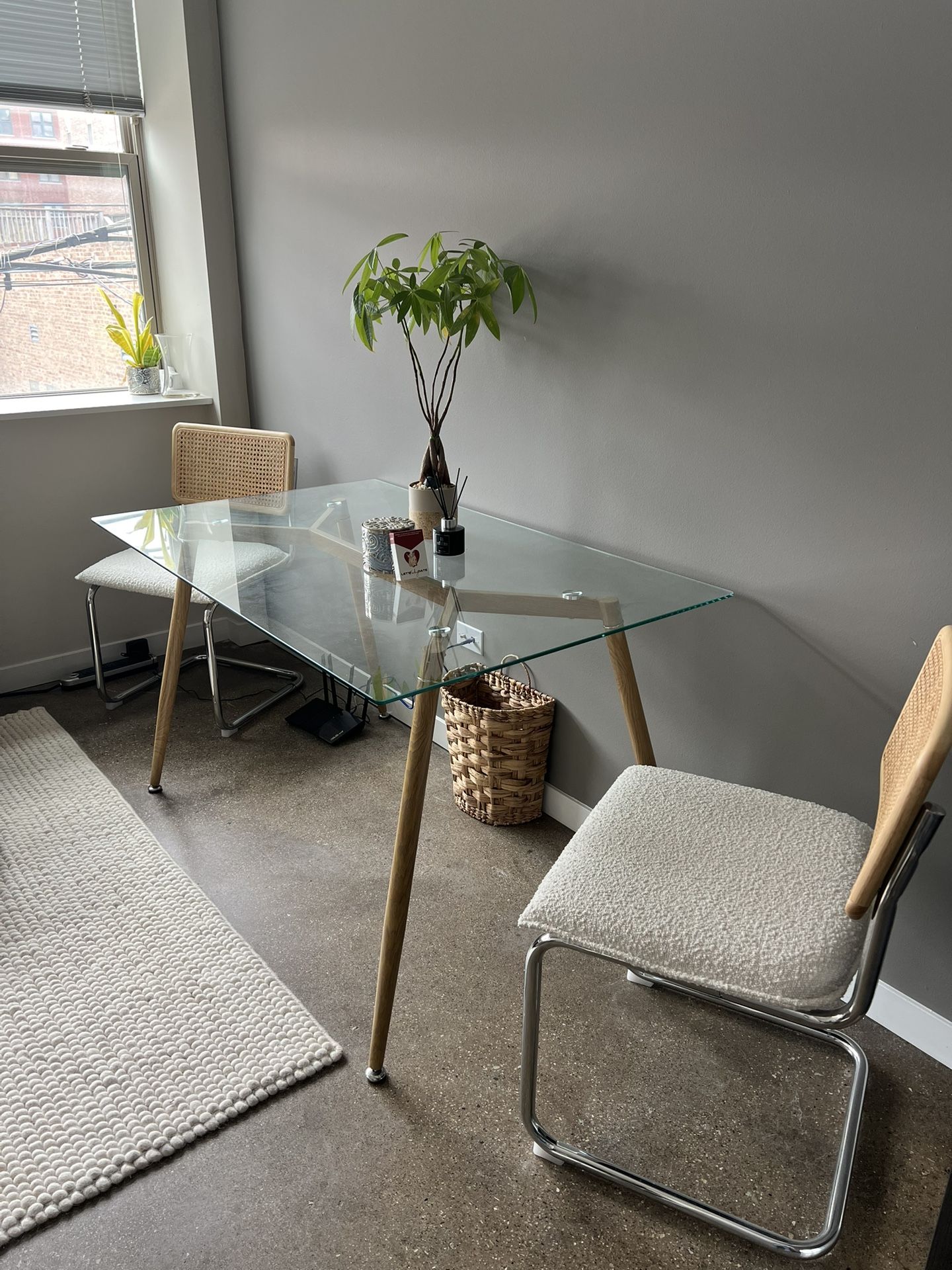 Glass Table/Desk & 2 Rattan/Boucle Chairs