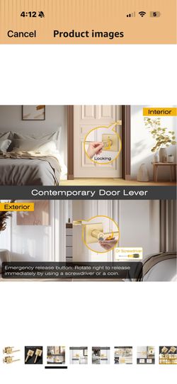 EHOMEWARE 1 Pack Door Knob Interior, Bathroom Bedroom Door Locks Door Handles in Satin Brass Finish, Heavy Duty Keyless Privacy Door Handles with Lock
