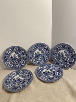 Vintage Mallo Ware 5 small plate set Mallory Plastics Blue Japanese Garden