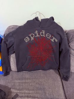 Sp5der Black Hoodie Red Rhinestone Web