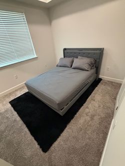 Gray Upholstered Queen Bed Frame with Headboard // Queen Size Mattress // King Size Rug // Pillows