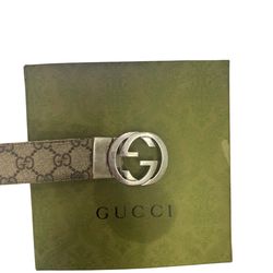 Gucci Men's Beige Brown Logo Print Silver Buckle Dress Belt Adjustable