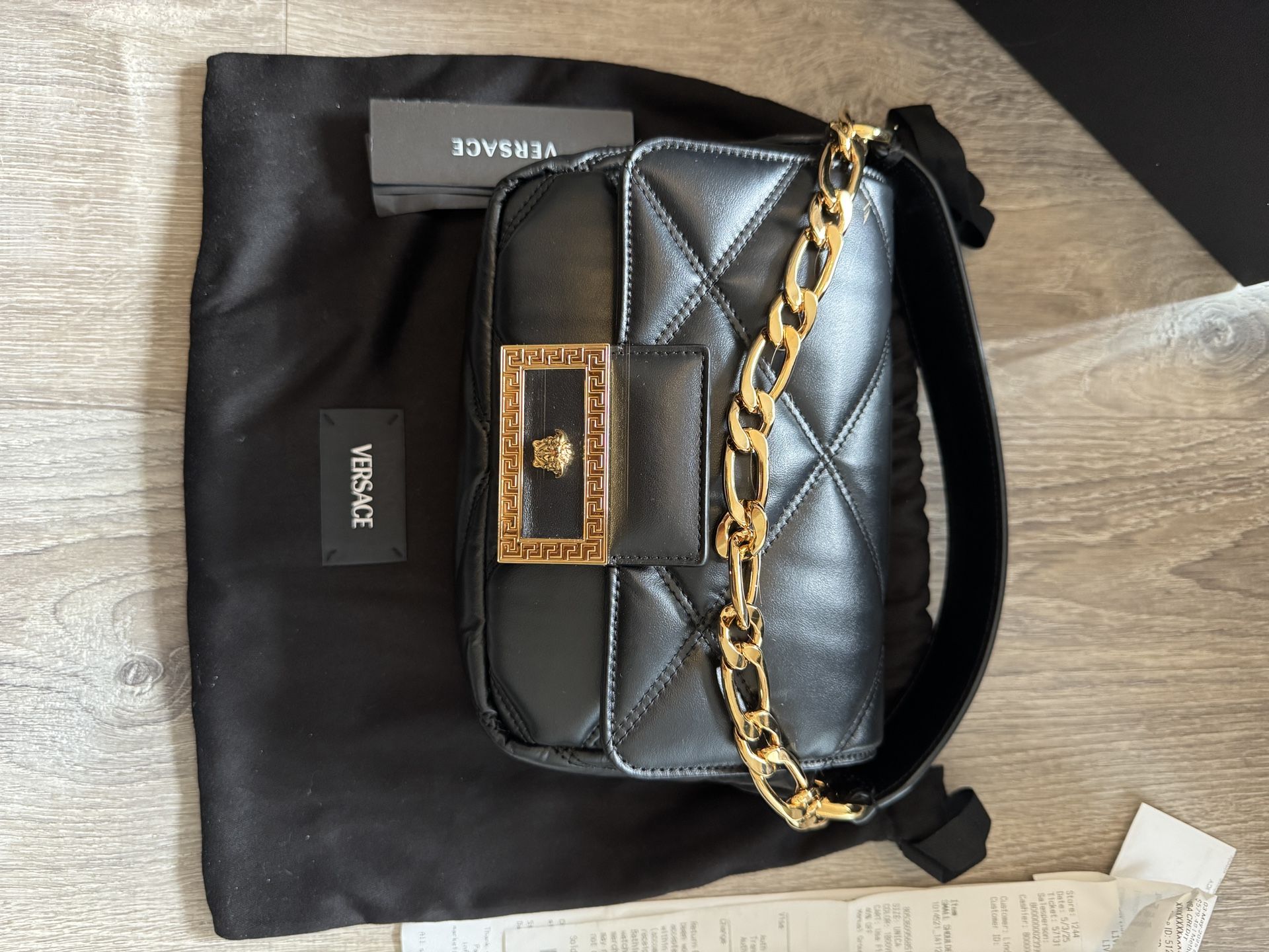 Brand New Versace Virtus Quilted Leather Crossbody Bag – Black, Full Set w/ Receipt
