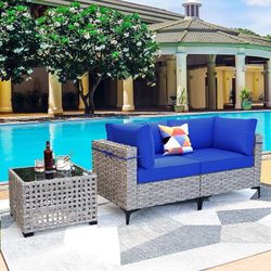 New Heavy Duty Ovios 3 Pieces Outdoor Patio Sectional Furniture Cushioned PE Rattan Wicker Chairs Conversation Set with Solar Lamps Coffee Table for B