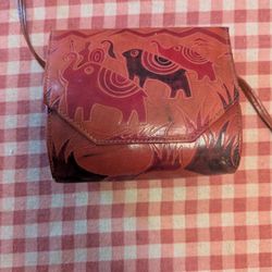 Vintage Hardbody Leather Purse With Elephant Design