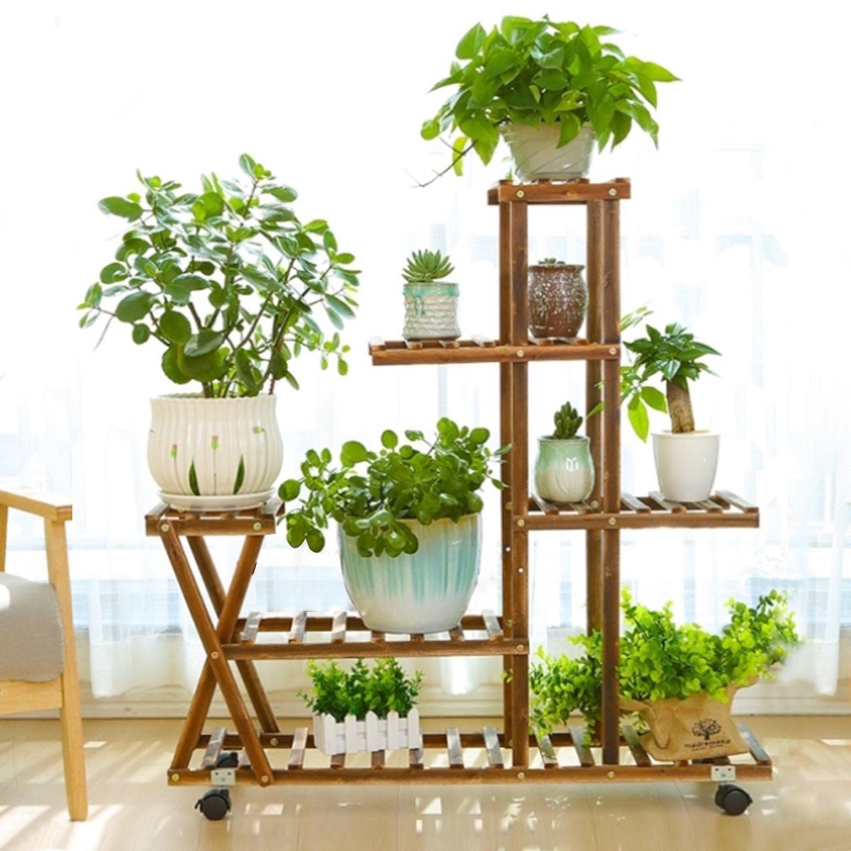 Wooden Flower Plant Stand 4-Layer Bamboo Flower Pot Display Stand Shelf with Wheels for Living Room Balcony Patio Yard Indoors or Outdoors