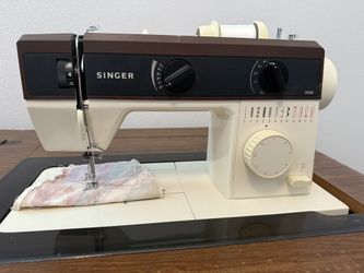 Vintage Singer Sewing Machine, Sewing Table, And Upholstered Storage Chair