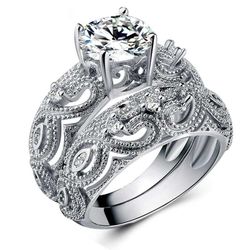 "Luxury Vintage Silver Flower Engagement/Wedding Ring Set for Couple, VIP275