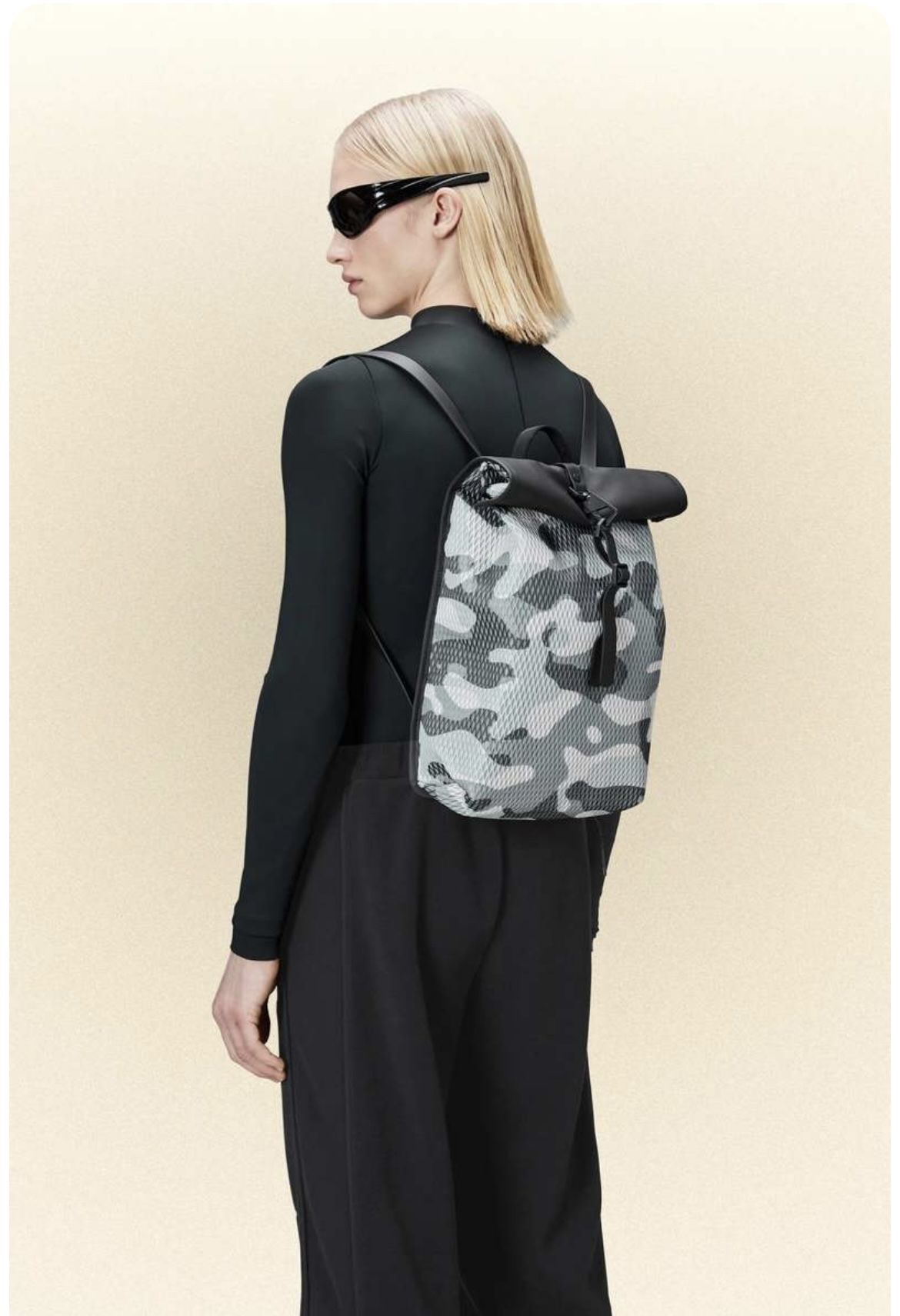 RAINS Rolltop Rucksack Waterproof Backpack Black Camo MSRP $140 NWT