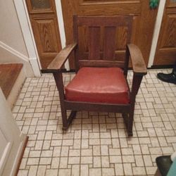 Vintage Wooden Accent Rocking Chair With Orange Seat 