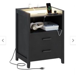 Nightstand with LED Lights and Charging Station, End Side Table with 2 Drawers and Open Storage, Modern Bedside Table