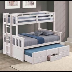 100% Wood 🪵 Bunk Beds With TRUNDLE!!!!