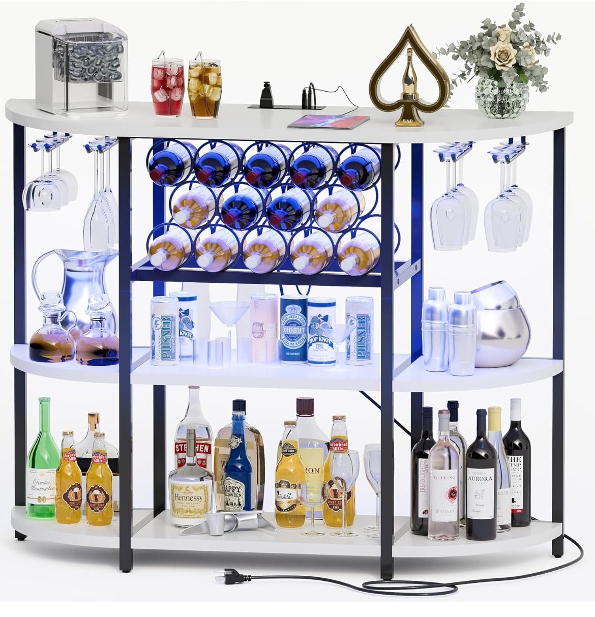 Wine Bar Cabinet for Liquor Bar Table Bar Cabinet with Lights and Outlet 4-Tier Storage Freestanding Wine Racks with Glass Holder Mini Bars for