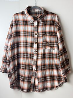 SHEIN Curve 0XL Brown/White/Black Plaid Point Collar Long Sleeve Button