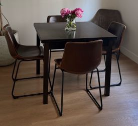 Wood dining table & Faux leather chairs