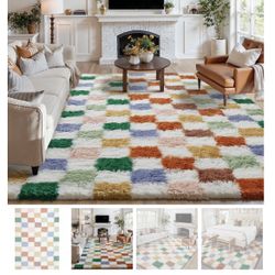 9’ X 12’ Checkered Shag Rug Multicolor
