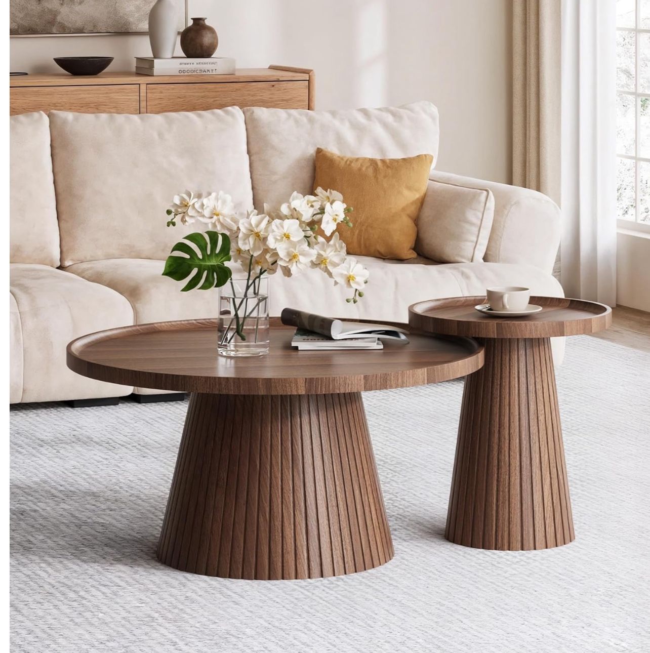 Nesting Coffee Table Set of 2, Mid Century Modern Coffee Table with Wood Grain Veneer, Fluted Round