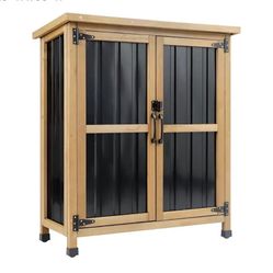 Wood & Metal Outdoor Storage Cabinet with Waterproof Roof, Garden Tool Shed with 4 T-Hinge, 4 Adjustable feet and Magnetic Door, 2 Removable Shelves, 