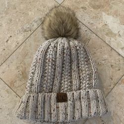 Like New CC Winter Sherpa Fleeced Lined Chunky Knit Stretch Pom Pom Beanie Hat Cap One Size Fits All