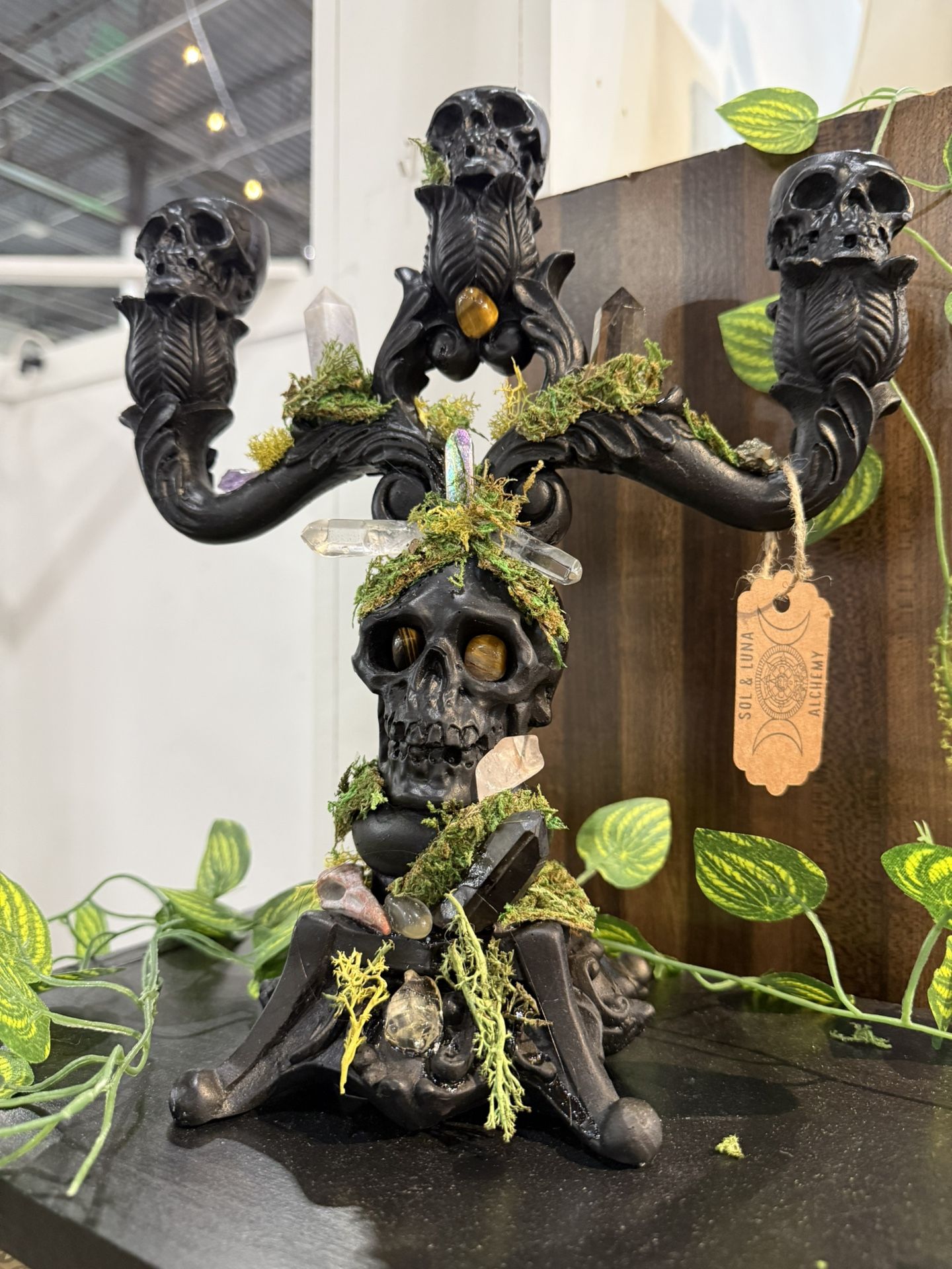 Custom Made Gothic Skull Candelabra Preserved Moss Natural Crystals