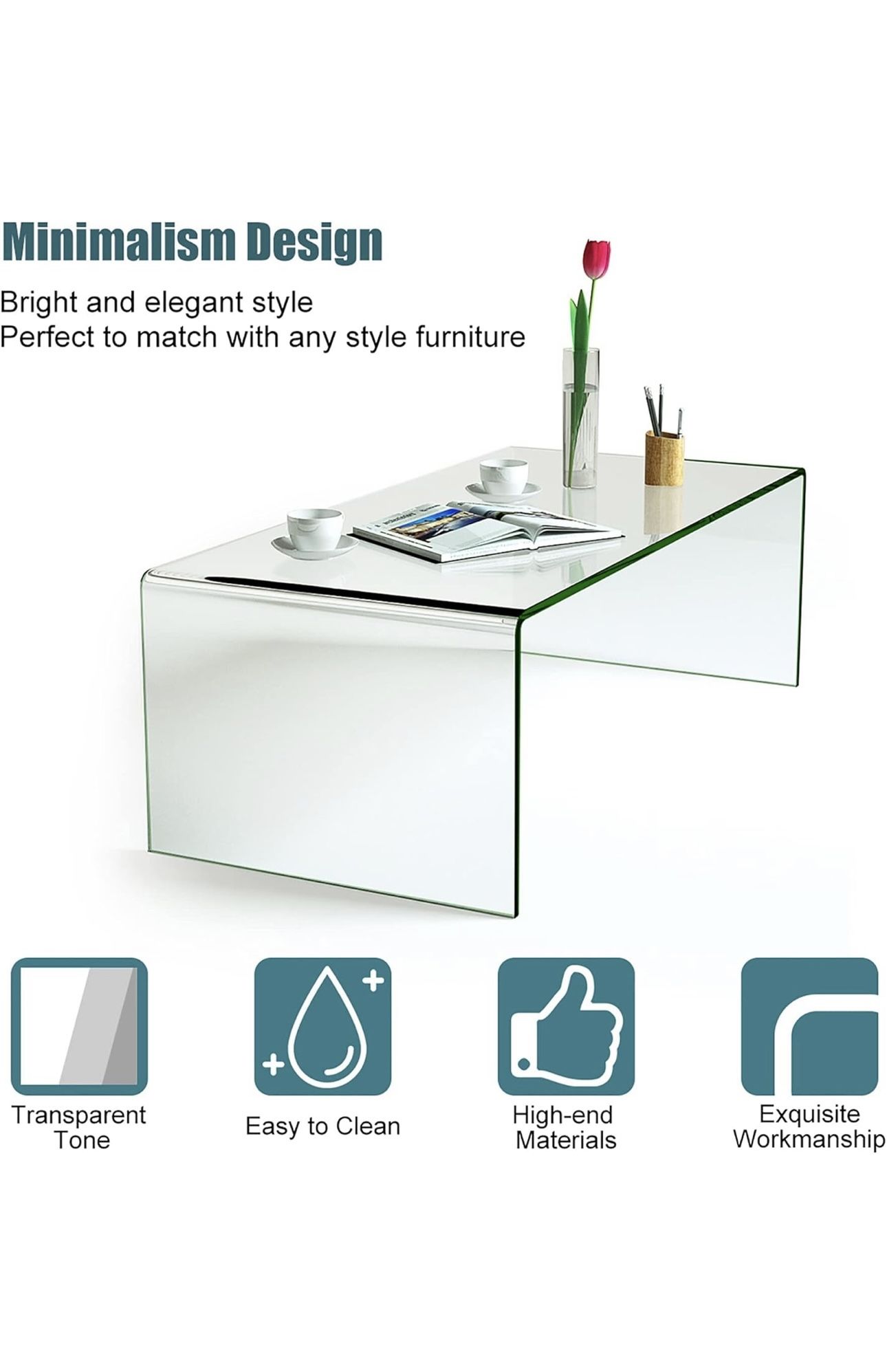 Glass Coffee Table Modern Clear Tempered with Round Edges Contemporary Glossy Weather Resistant
