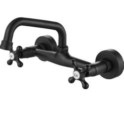 Airuida Wall Mount Kitchen Sink Faucet for 6 Inch(15cm) Spout Reach 8 Inch Center Adjustable Center Double Cross Handles Hot and Cold Water Mixer Tap 