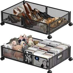 Under Bed Storage Bins, 2-Pack Foldable Under Bed Storage Bins with Handles and Wheels, Foldable Shoe and Clothes Organizer for Bed, Easy Assembly