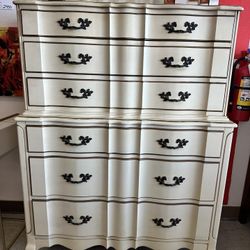 White French Provincial Tallboy Dresser – 6-Drawer Chest with Black Hardware