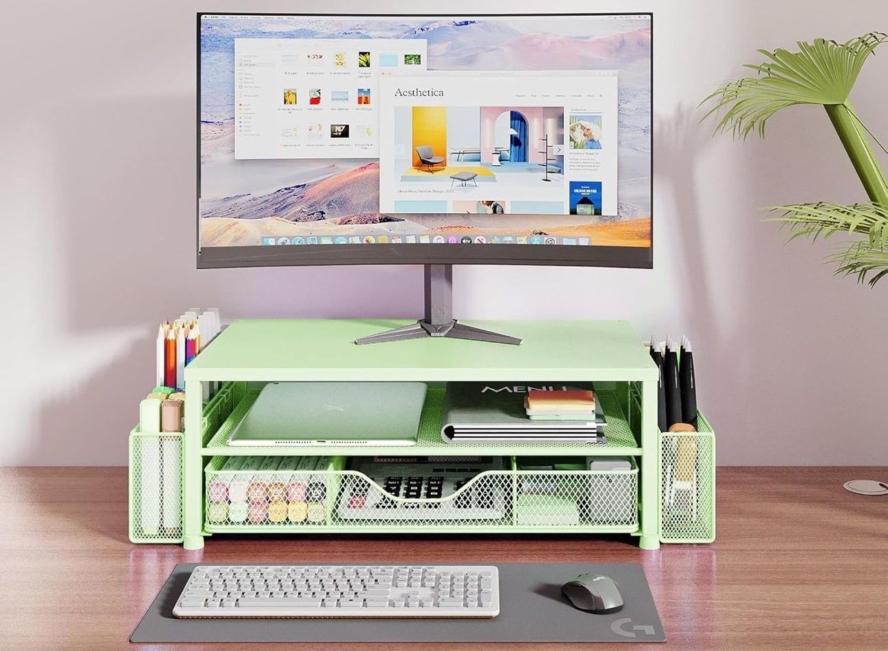 2-Tier Computer Monitor Stand for Desk Organizer with Drawers. Light green